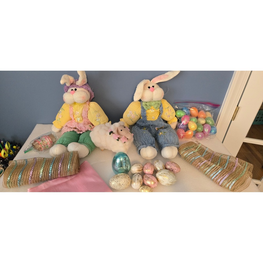 Home Interiors large Easter Bunny Plush Decor Bundle Eggs Mesh Ribbon Sheep Lot